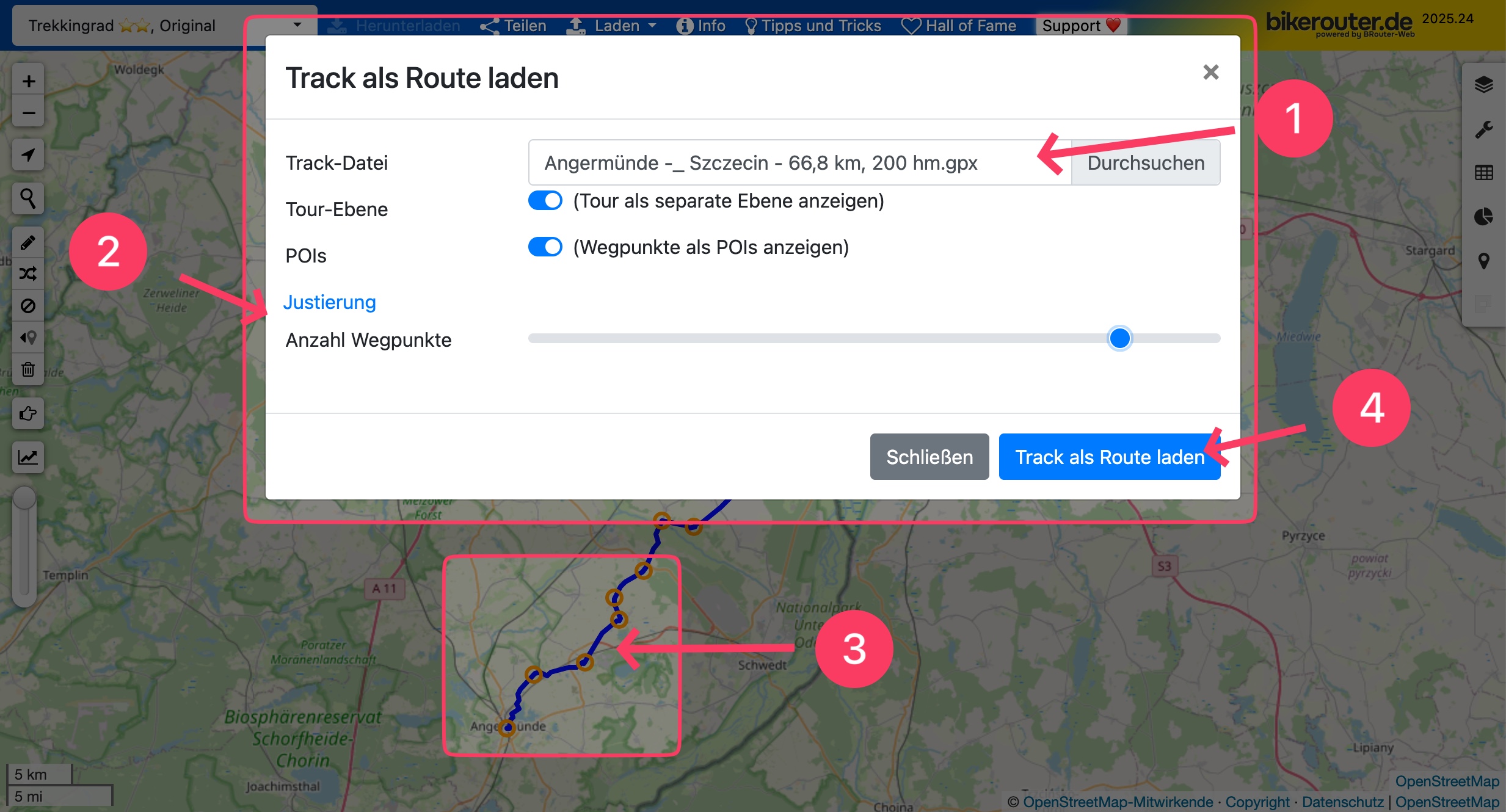 Import-Dialog für die Funktion „Track als Route laden“