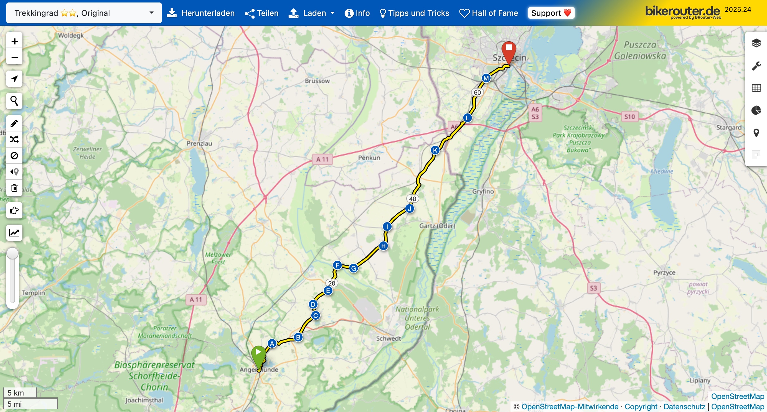 Automatisch erstellte Route mit Zwischenpunkten