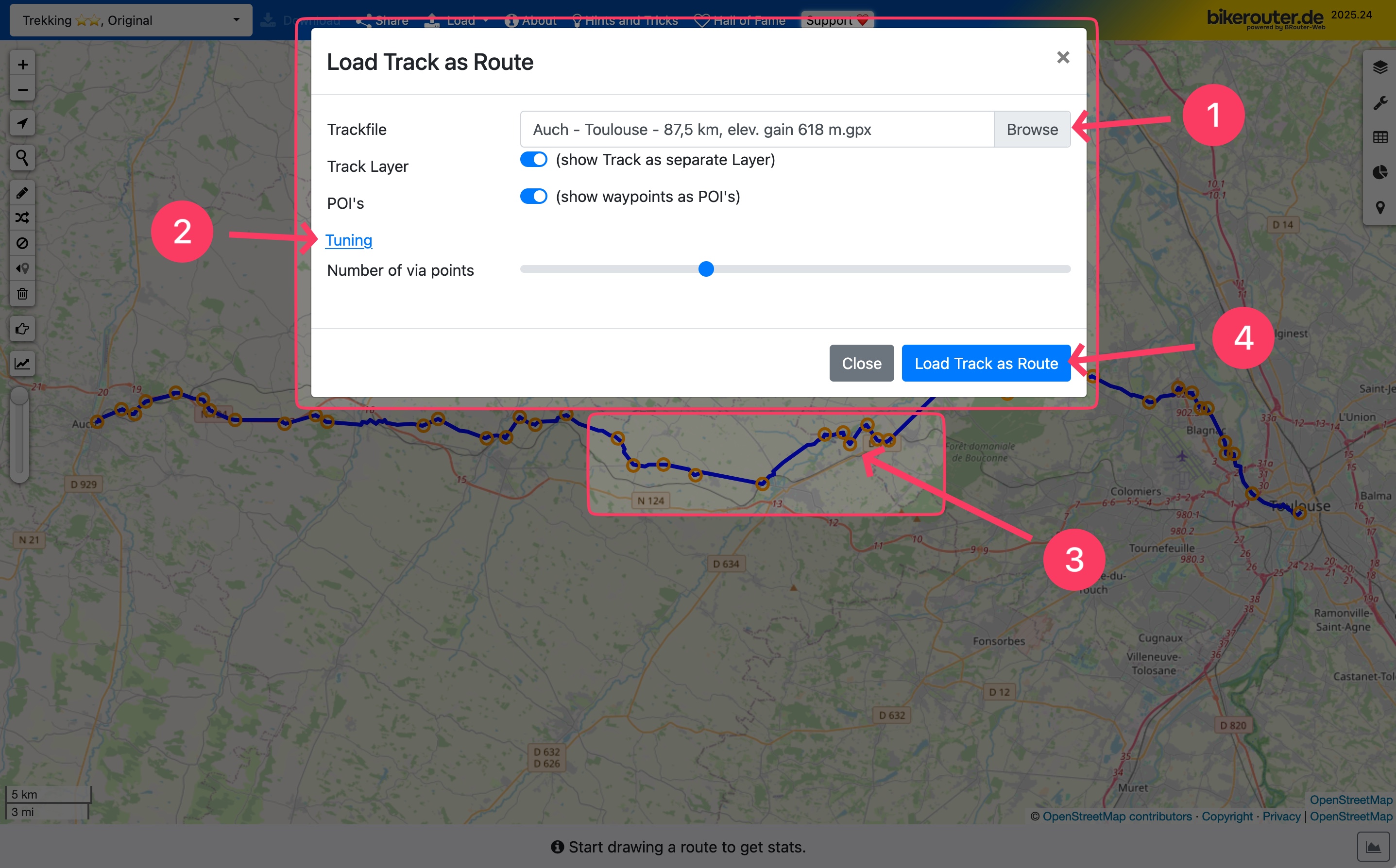 Import Dialog for the “Load Track as Route” Function